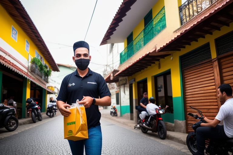 IDono de restaurante na rua levando o pedido para o delivery